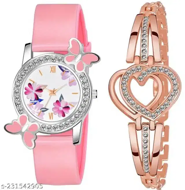 Analog Watch with Bracelet for Women, Set of 2 (Multicolor)