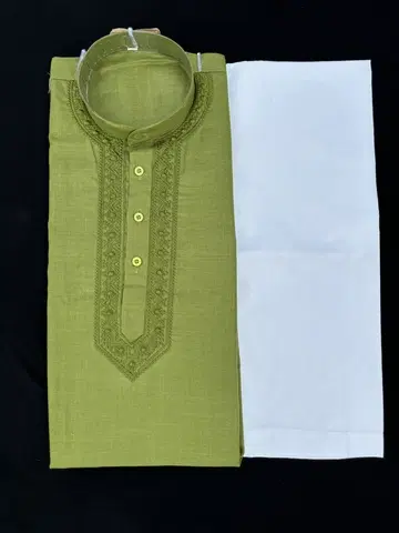 Cotton Full Sleeves Embroidered Kurta Set for Men (Green & White, XXL)