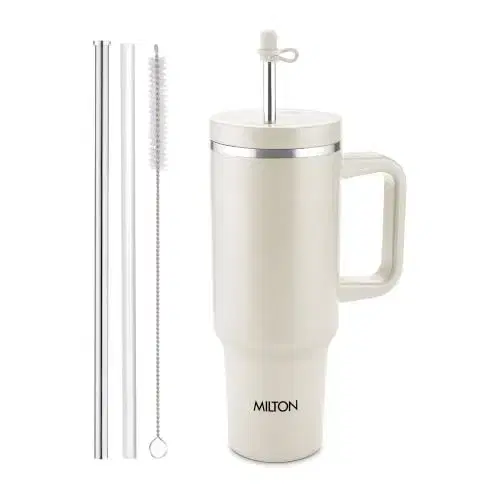 Milton My Tumbler 1200 Thermosteel Double Wall Vacuum Insulated Stainless Steel Tumbler With Handle 1100 ml,Leak Proof Travel Mug With Straw,Silicon Cap Cleaning Brush, Hot & Cold Beverage Flask, Ivory
