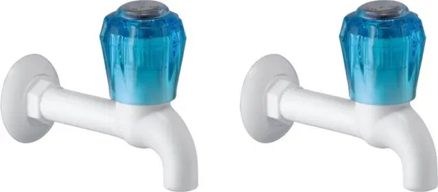 Plastic Short Body Bib Cock Tap with Wall Flange, White, Set of 2