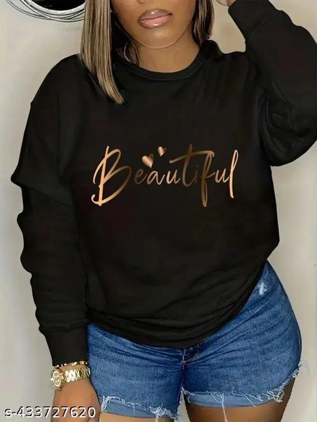 Fleece Printed Sweatshirt for Women (Black, XL)
