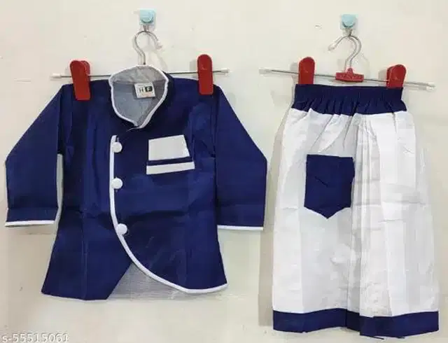 Cotton Full Sleeves Sherwani with Pyjama Set for Boys (Navy Blue & White, 18-24 Months)