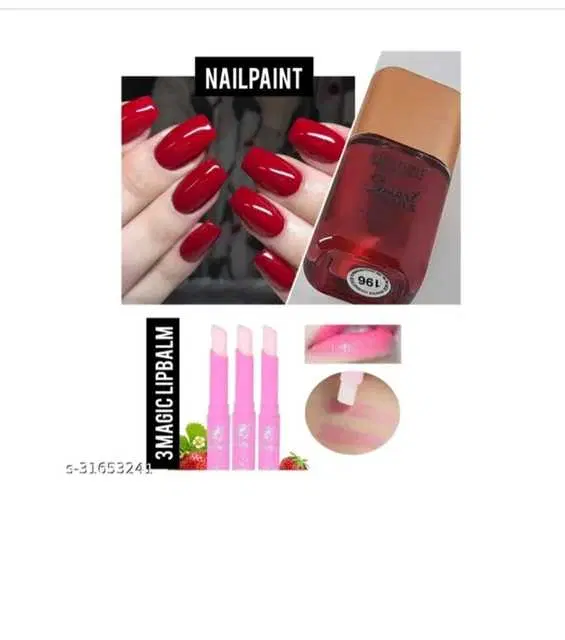 Red Nailpaint with 3 Magic Lipbalm, Pack of 4
