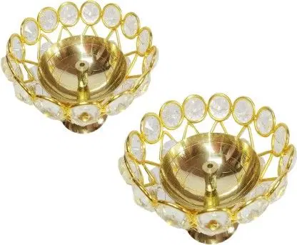 Heaven Decor Medium Brass And Crystal Akhand Diya Bowl Style Brass Table Diya, Set of 2, 2.4 Inch, A018