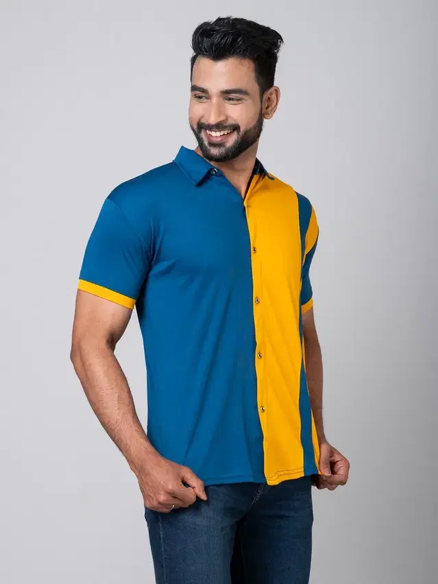 Lycra solid Shirt for Men, Yellow & Blue (XS)