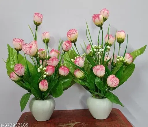 Plastic Artificial Flower With Pot,Multicolour,Set Of 2