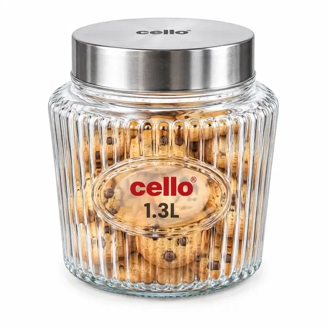 Cello Elite Glass Storage Jar, 1.3 L | Pack Of 1 | Airtight Lid | Stackable | For Rice, Pulses & Snacks