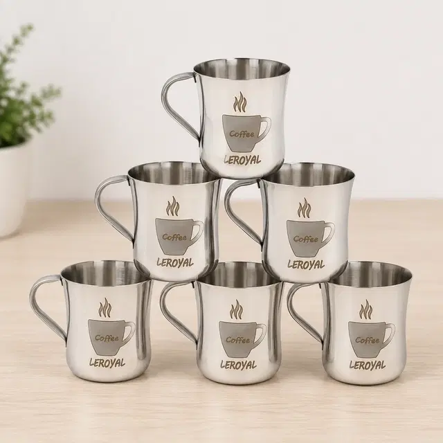 Stainless Steel Coffee Design Cups, Silver [Pack of 6]