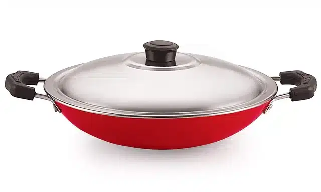 NIRLON Aluminium Kadhai with Lid, Red & Silver, 1000 ml