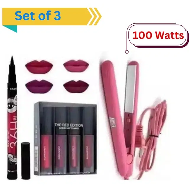 Face Makeup Combo, Set of 5 Combo of Huda Red Edition 4 Pcs Lipstick with 36 H Eyeliner & Professional Hair Straightener