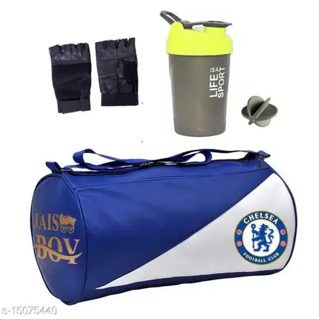 Combo of Gym Bag with Shaker Bottle, 600 ml, Gloves, Multicolor, Set of 3