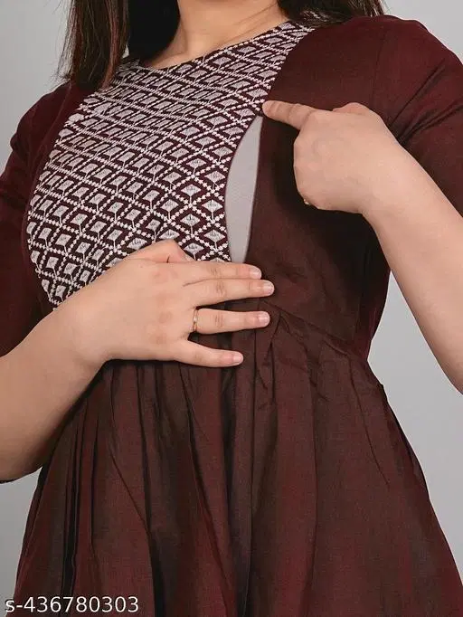 Cotton Embroidered Knee Length Maternity Kurti for Women (Maroon, M)