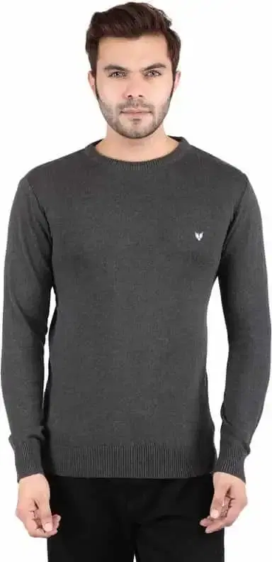 KRYPTAR Men's Solid Round Neck Woolen Sweater (Grey, S) (KPTR4010)