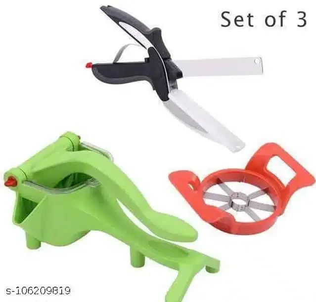 Plastic Manual Juicer & Cleaver Cutter with Apple Cutter, Multicolor, Set of 3