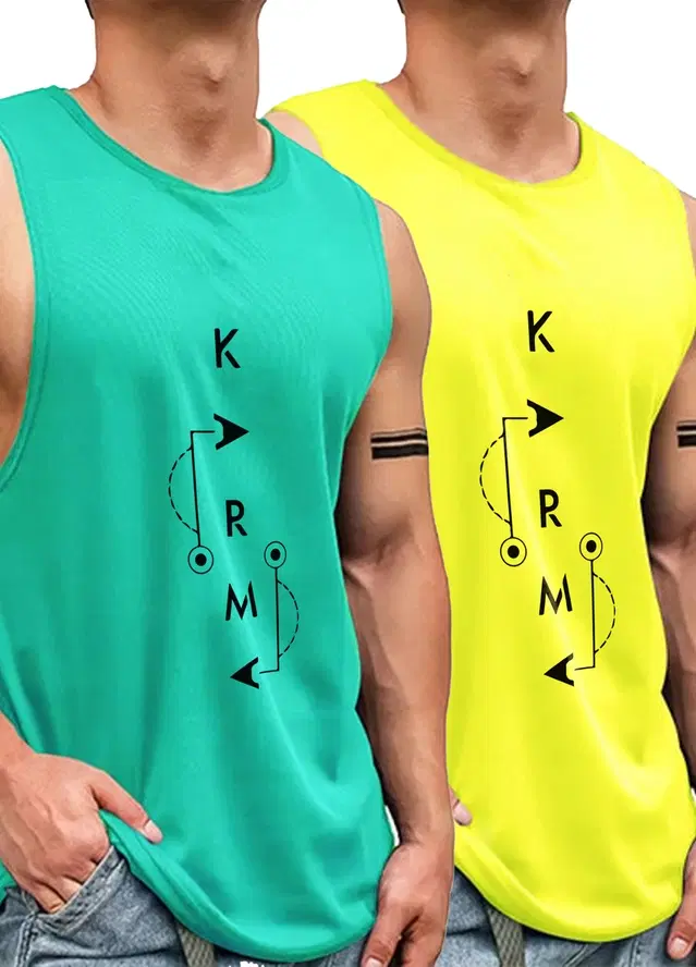 Polyester Printed Vest for Men, Pack of 2 (Green & Yellow, S)