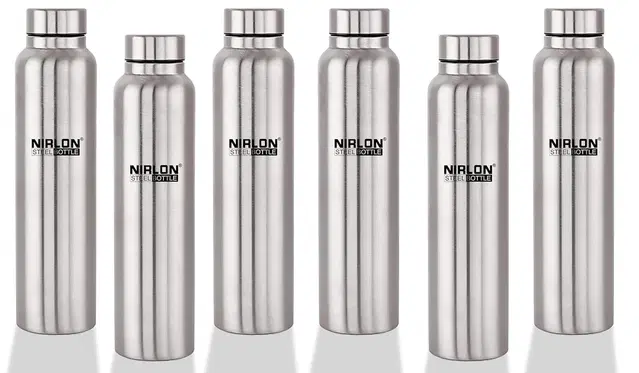 Nirlon Stainless Steel Fridge Water Bottle/Refrigerator Bottle/Single Wall/Leakproof, Silver, 1000 Ml, Pack Of 6 (Fb Eco)