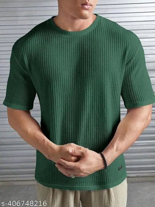 Poly Cotton Round Neck T-shirt For Men, Green (L)