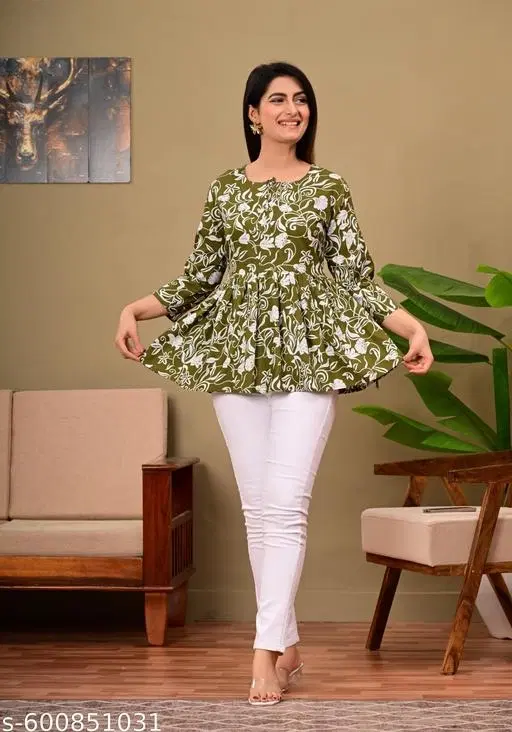 Cotton Kurti For Women, Green (S)