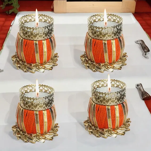 Metal Designer Tealight Candle Holder, Orange, 5x5x6 cm, Pack of 4