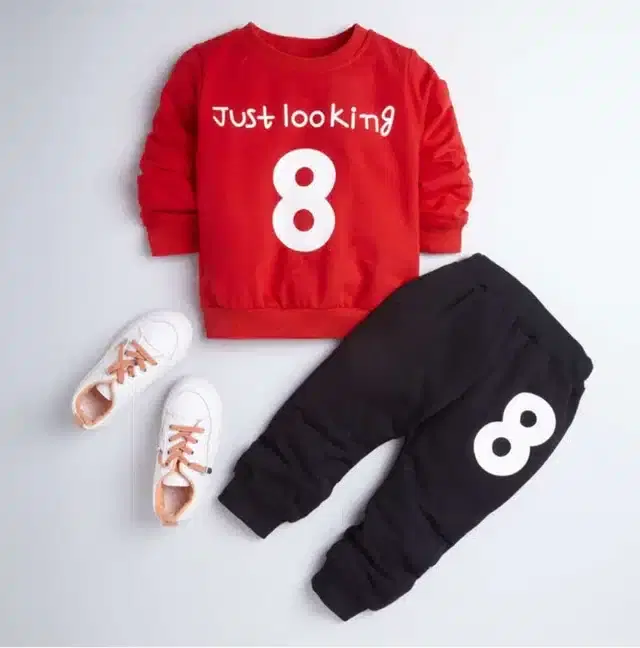 Printed Top & Bottom Set for Kids (Red & Black, 12-18 Months)