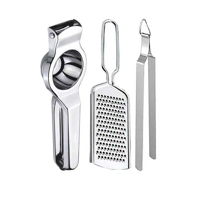 Oc9 Stainless Steel Lemon Squeezer & Cheese Grater & Roti Chimta Kitchen Tool Set (O-5)