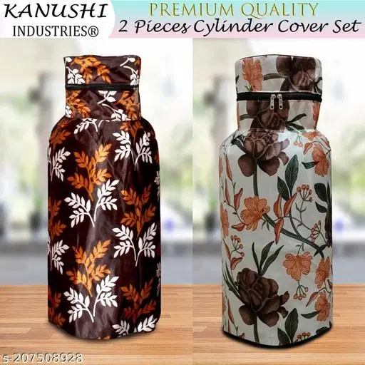 KANUSHI Industries® Designer LPG Gas Cylinder Cover Set of 2Pc (2PCS+CYL-Brown-Small-LEVS+Brown-Rose)