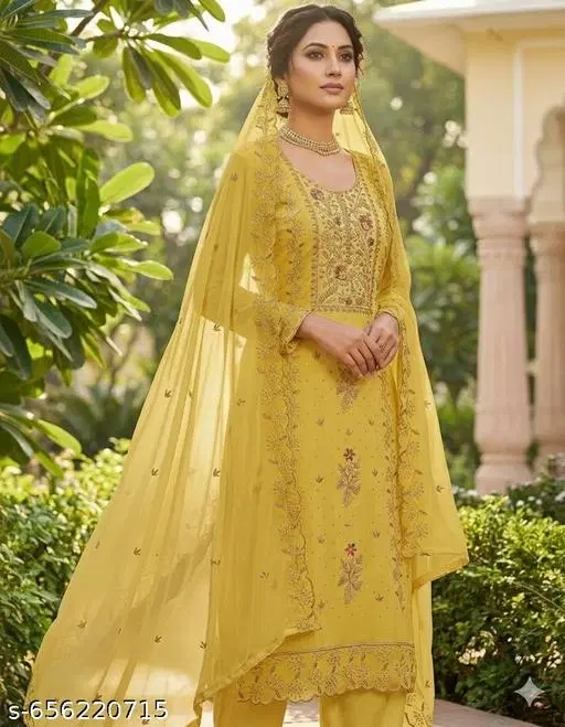 Georgette Punjabi/All Over Suits for Women (Yellow, 6.65 meter (XXL)