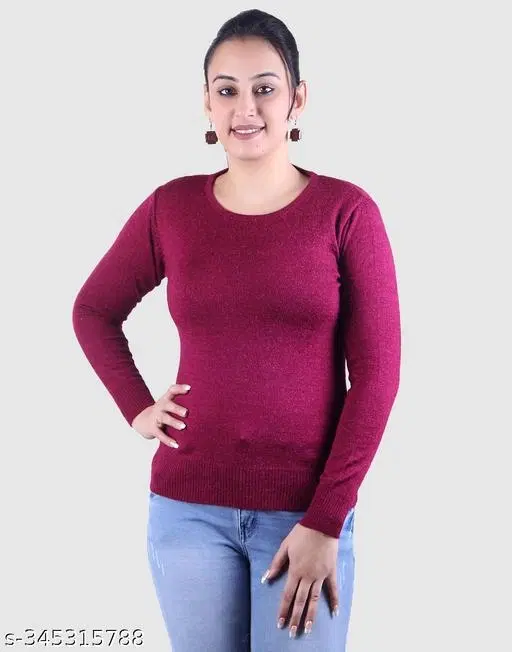 Acrylic Solid Sweater for Women (Wine, L)