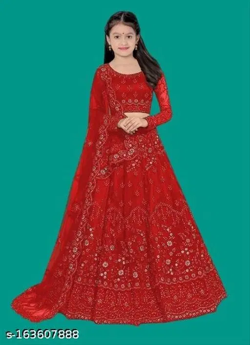 Embroidered Lehenga Choli for Women (Red, 10-11 Years)