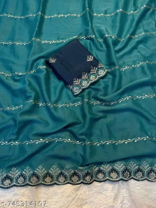 Embroidered Botanical Leheriya Saree (Green, Free Size)