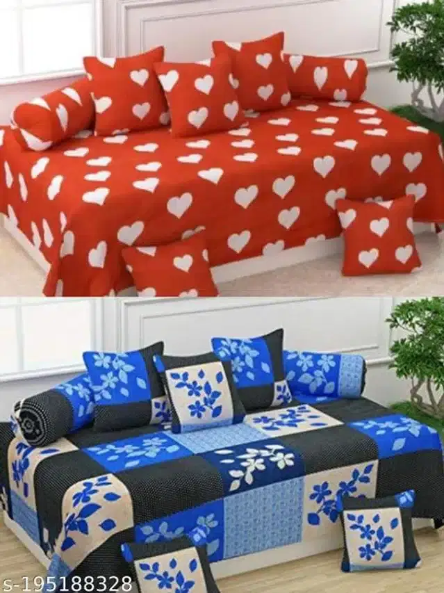 Polycotton Diwan Cover Set, Red & Blue, Combo of 2