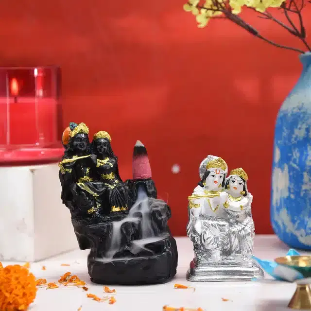 Radha Krishna Fountain Diffuser with Radha Krishna Idol, Multicolor, 4 inches, Set of 2