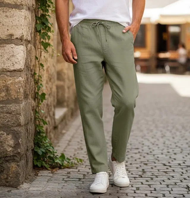 Linen Trousers for Men (Olive Green, 30)