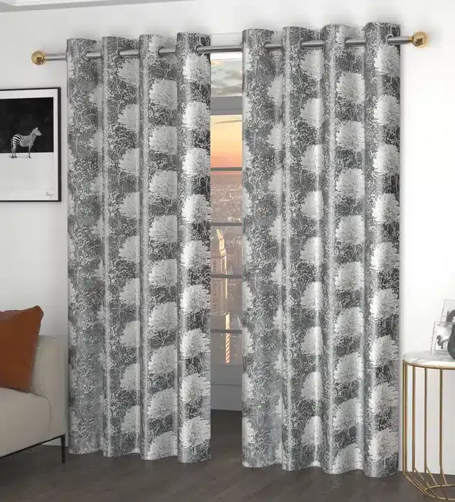 Printed Polyester Curtains, Grey, 5 feet, Pack of 2