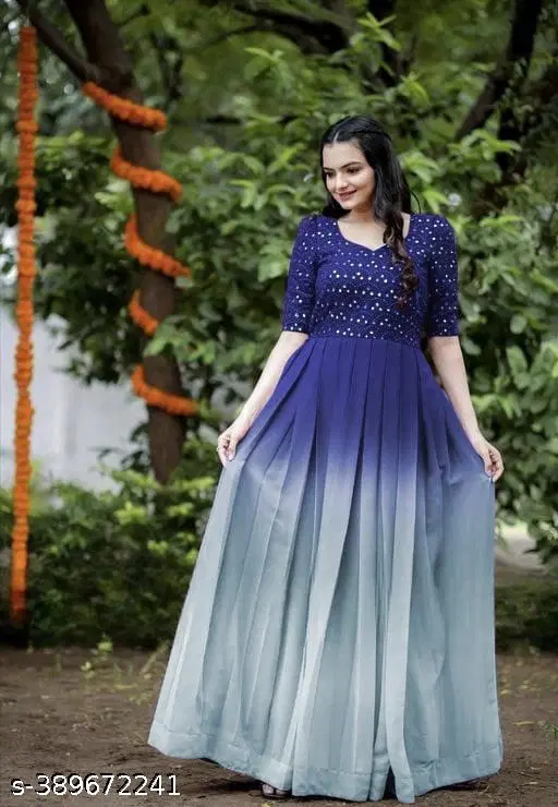 Colorblocked A-Line Gown for Women (Blue, XXL)