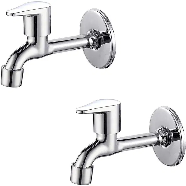Stainless Steel Long Body Bib Cock Tap with Wall Flange, Silver, Set of 2