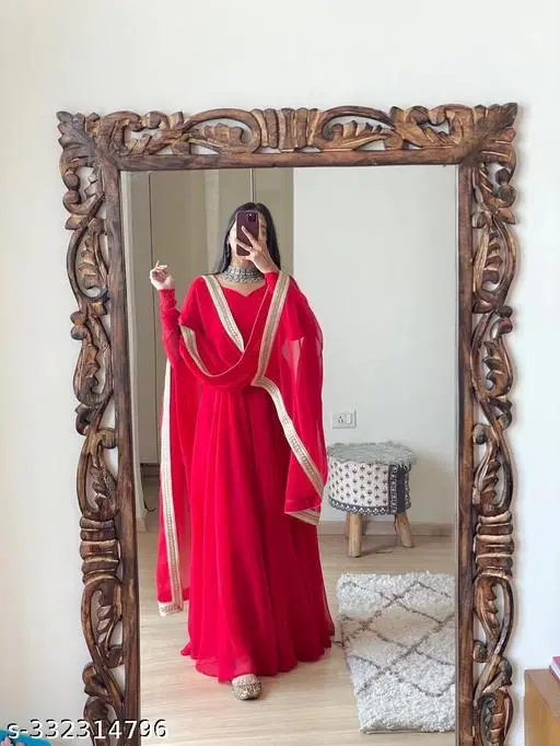 Georgette Dress with Dupatta for Girls and (Red, XS)