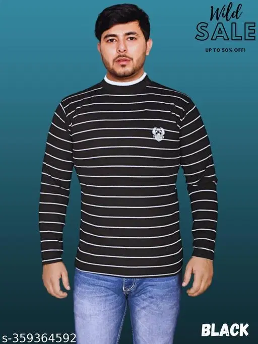 Woolen Striped Sweater for Men (Black, M)