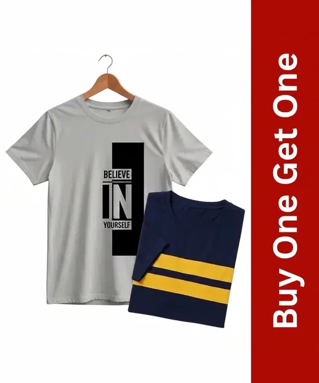 Men's Round Neck T-Shirt, Buy 1 Get 1, Grey & Blue, XL