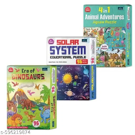 4 In 1 Animals Adventures + Era Of Dinosaur + Solar System| Set of 3 - Engaging Puzzle Learning Fun for Kids!