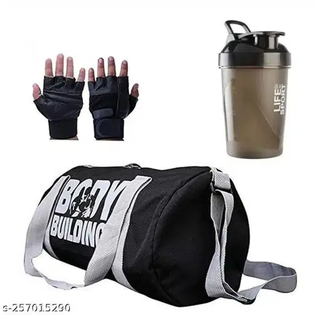 Combo of Gym Bag with Shaker Bottle, 500 ml, Gloves, Multicolor, Set of 3