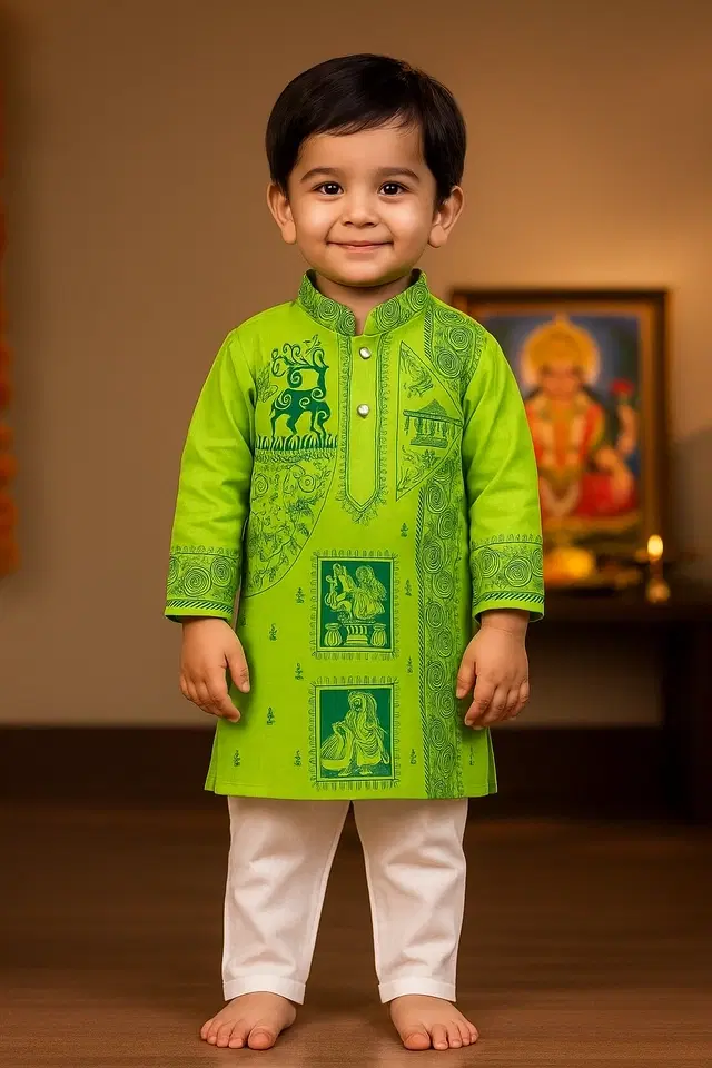 Cotton Printed Kurta with Payjama for Boys, Green & White (0-6 Months)