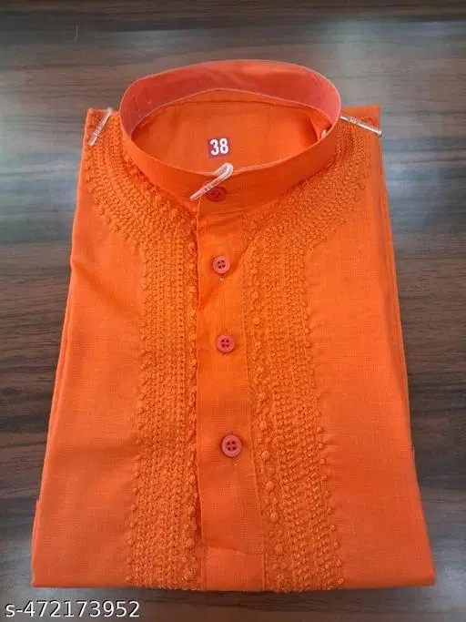 Embroidered Mandarin Neck Kurta for Men (Orange, M)