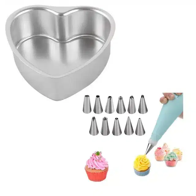 Combo of Aluminium Cake Mould & Cake Decorating Nozzle set with Piping Bag, Pack of 14, Multicolor