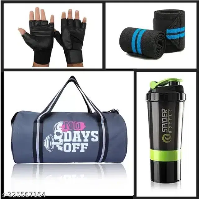 Combo of Gym Bag with Shaker Bottle, 400 ml, Gloves & Wrist Support Bands, Multicolor, Set of 4