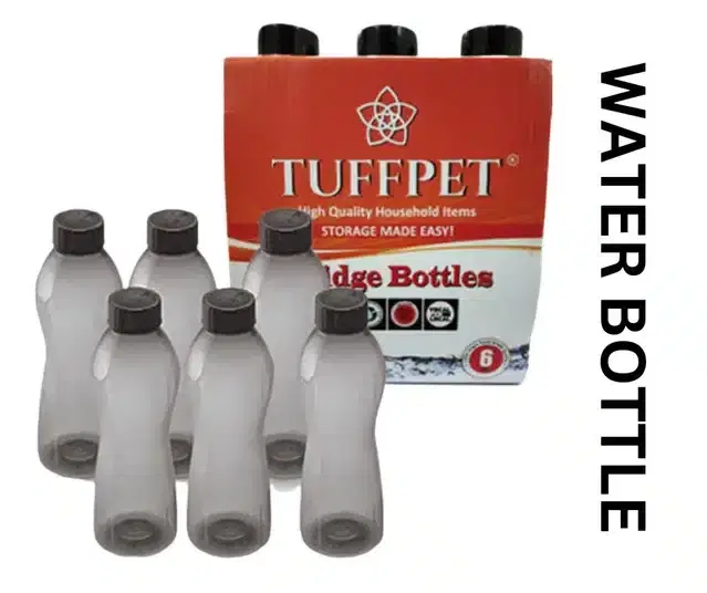 TUFFPET Plastic Water Bottles, Black, 1000 ml, Pack of 6