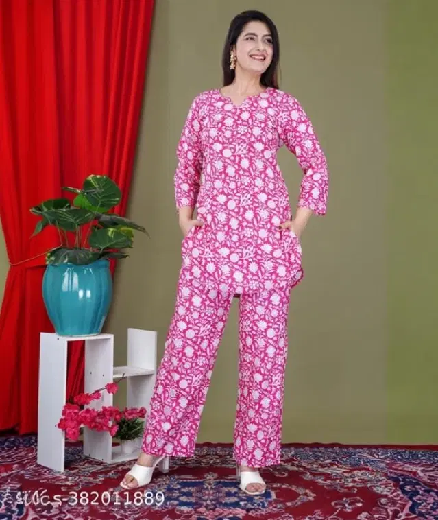 Rayon Top & Bottom Set for Women (Pink, S)