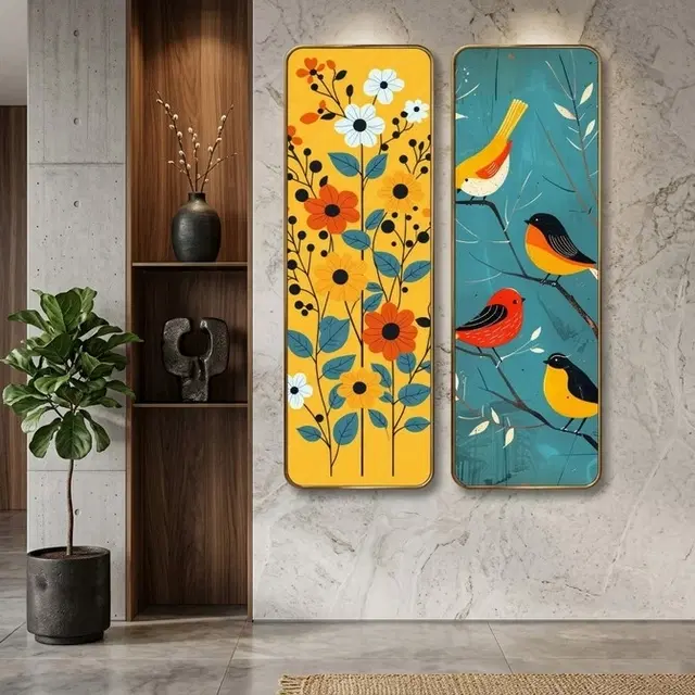 Kc Arts Uv Coated Birds Adn Flowers Art Wall Hanging 6x18in Pack Of 2
