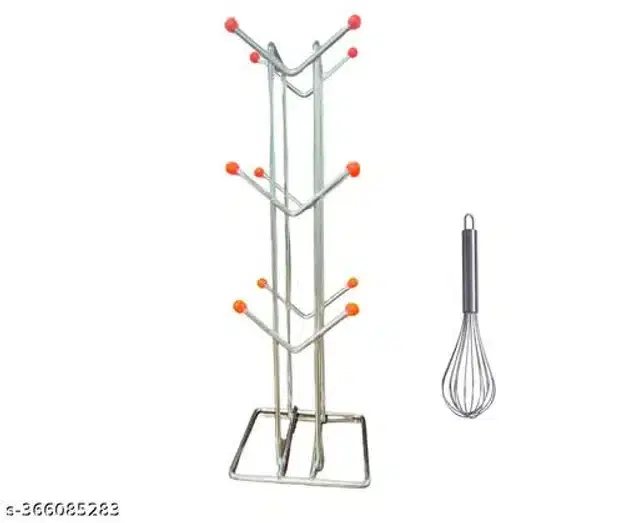 Stainless Steel Cup Stand with Whisk, Silver, Set of 2