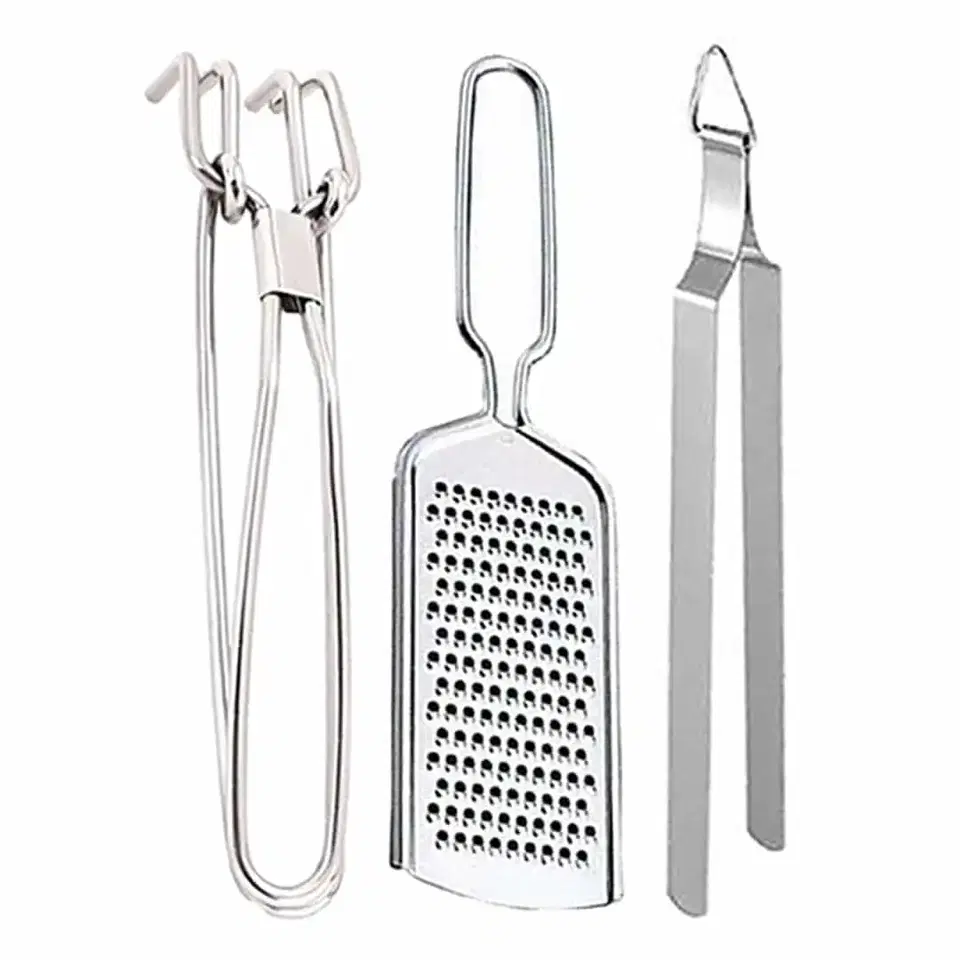 Oc9 Stainless Steel Cheese Grater & Utility Pakkad & Roti Chimta For Kitchen Tool Set